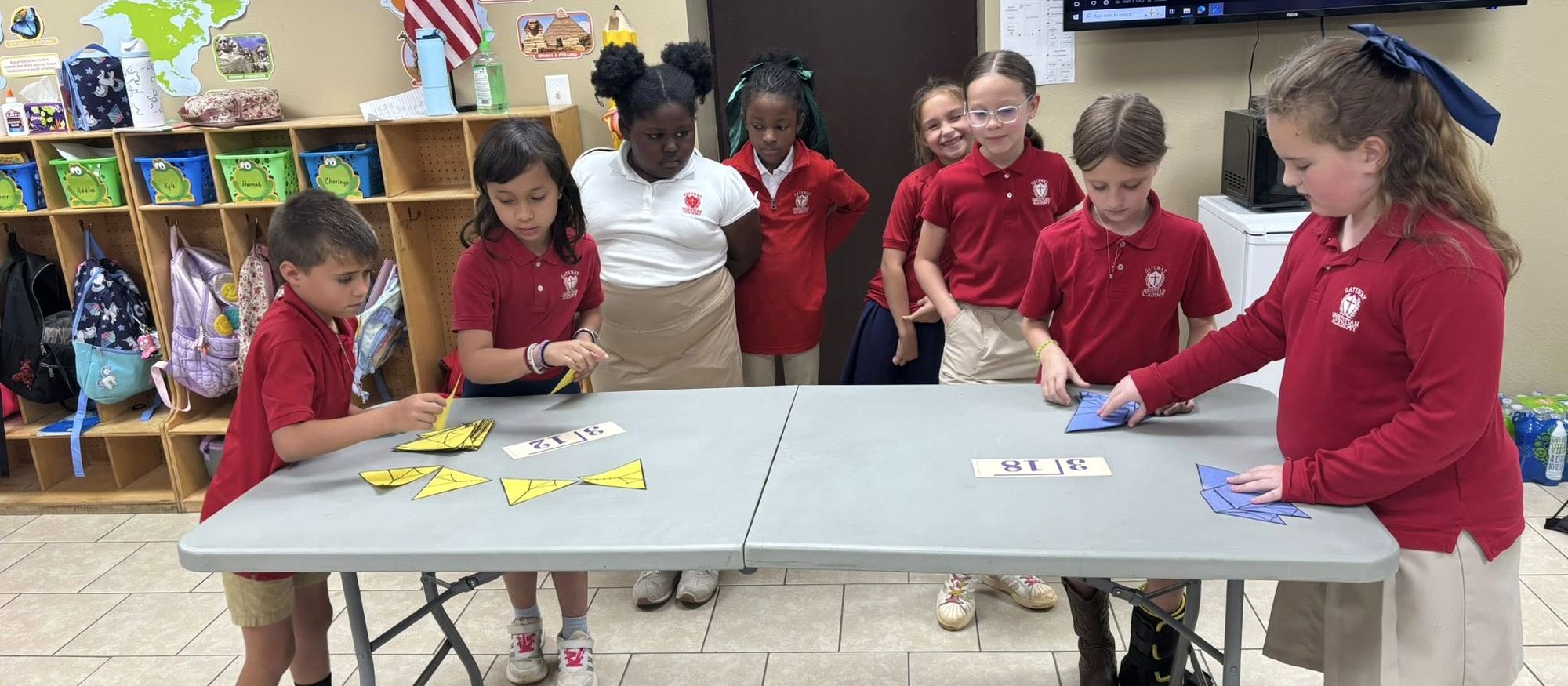 Gateway Christian Academy students working together on a hands-on math lesson